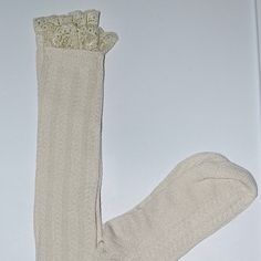 Never Worn, Knee High, Lace Detail Beige Stretch Cotton Socks, Stretch Cotton Socks In Beige, Stretch Beige Cotton Socks, Beige Stretch Knee-high Socks For Spring, Fitted Beige Socks For Spring, Beige Stretch Socks For Spring, Spring Stretch Beige Socks, Cream Stretch Knee-high Socks For Spring, Spring Cream Stretch Knee-high Socks