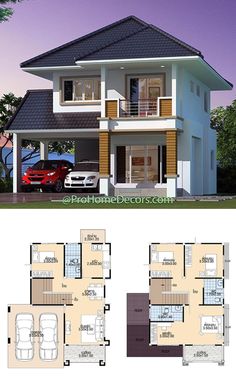 two story house plan with garage and living room in the middle, three car parking spaces on