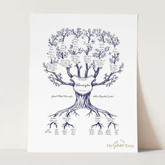 a blue and white family tree with names on it