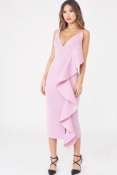 Keep the business all at the front with the arresting asymmetric draped frill scuba dress this season. In delicate lilac, this beauty will complement any sun-kissed glow, letting you flaunt it peacock-style with that cascading frill front - not to mention the racy plunge neckline to boot. We’re teaming ours with strappy-heeled sandals and a slick of coral lipstick for that perfect early eve cocktail party. "Asymmetric Drape Frill Midi Dress" Scuba material Concealed back zipper Imported Handwash Summer Evening Ruffle Dress Midi Length, Summer Evening Ruffle Dress, Midi Length, Spring Midi Dress For Wedding Guest, Summer Evening Ruffle Midi Dress, Glamorous Spring Midi Dress For Wedding Guest, Chic Pink Midi Dress For Wedding Guest, Elegant Ruched Ruffle Dress For Spring, Elegant Spring Ruched Ruffle Dress, Elegant Spring Ruffle Dress With Ruched Details