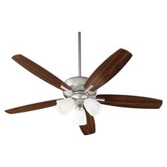 a white ceiling fan with wooden blades