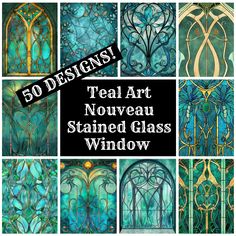 several stained glass windows with the words, 50 designs teal art nouveau stained glass window