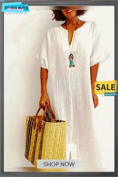 Women's Solid Cotton Casual Loose Dress Long Shift Midi Dress For The Beach, Summer Shift Dress For Daywear, Summer Daywear Shift Dresses, Summer Shift Maxi Dress, Casual Shift Dresses For The Beach, Beach Tunic Shift Dress, Chic Shift Maxi Dress For Beach, Beach Maxi Dress With Shift Fit, Elegant Beach Maxi Dress