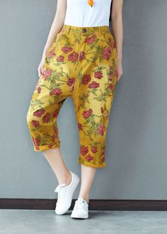 Plus Size Yellow Elastic Waist Print Cotton Harem Pants SpringFabric: Cotton BlendedSize & Fit: This garment fits true to size.Length: Size M measures 31.59"from waist to hem.Waist:Fitted - elastic waist allows stretch Hip: Loosely Fitted. room for hips. Hand Wash Cold. High-waisted Floral Print Cotton Pants, Floral Print High-waisted Cotton Pants, High Waisted Harem Pants For Summer, Casual Floral Print Wide Leg Pants, Baggy High-waisted Harem Pants For Spring, Baggy High Waist Harem Pants For Spring, Casual Non-stretch Floral Print Wide Leg Pants, High Waist Baggy Harem Pants For Spring, Non-stretch Summer Harem Pants