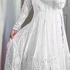 The Elegant White Color Dress Comes With A Matching Dupatta Perfect Wear For The Parties White Fitted Anarkali Dress, White Chikankari Embroidery Party Dress, White Anarkali Dress With Lace Work, Yellow Indian Suit, Indian Silk Dresses, Indian Anarkali Dresses, Yellow Anarkali, White Anarkali, Indian Anarkali