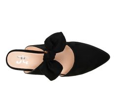 If you love mules and you love bows, say hello to the Telulah mule by Journee Collection. This beautiful flat is a classic with its pointed toe, and big bow accent. You can never go wrong with a shoe like this. Slip it on, and you�re good to go! Micro suede upper,Slip-on entry,Approx. 1/2 inch heel,Classic pointed toe,Padded insole for added comfort,Synthetic outsole,Bow accent for added style | Women's Journee Collection Telulah Mule Flats in Black Size 7.5 Medium Pointed Toe Bow Mules For Party, Spring High Heel Mules With Bow, Party Mules With Bow And Pointed Toe, Party Bow Mules With Pointed Toe, Summer Bow Mules With Pointed Toe, Chic High Heel Mules With Bow, Spring Bow Slip-on Mules, Spring Bow Flats With Pointed Toe, Spring Flats With Bow And Pointed Toe