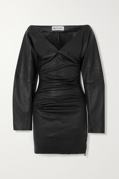 Maticevski toughens up its elegant, feminine shapes with unexpected fabrics like leather. This 'Facets' dress has long, paneled sleeves, which sit slightly off the shoulders, and a ruched body to highlight the figure-hugging fit. Fall Evening Dress With Structured Boning, Luxury Leather Dresses For Formal Occasions, Spring Evening Leather Dress, Designer Black Dress For Fall, Elegant Leather Cocktail Dress, Chic Leather Workwear Dress, Elegant Leather Dresses For Date Night, Fitted Leather Cocktail Dress, Chic Leather Evening Dresses