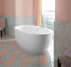 a bathtub sitting in the middle of a bathroom next to a window with pink curtains