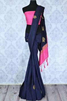 Dress up for weddings and special events in this royal blue designer muga banarsi silk sari with a stunning zari work. Style this glorious saree with a contrasting pink blouse complemented with a pink border on the heavily embroidered pallu to turn heads. Shop designer sarees online or visit Pure Elegance store in USA.-full view Pink Border, Designer Sarees Online, Zari Work, Silk Sari, Traditional Fabric, Work Style, Silk Sarees Online, Designer Saree, Designer Sarees