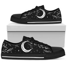 Moon Leaves Shoes, Low Tops Shoes, Black Sneakers, Celestial Sneakers, Women's Low Top Sneakers Gothic Sneakers, Goth Sneakers, Moon Shoes, Gothic Glam, Low Top Sneakers, Black Sneakers, Shoes Black, Top Shoes, Low Top