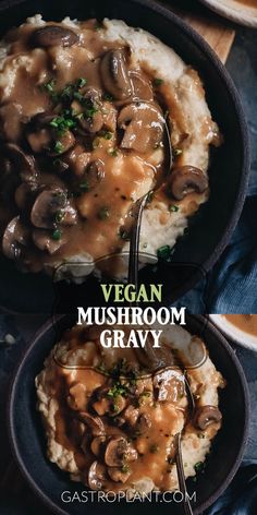 two pictures of mushrooms and gravy on top of mashed potatoes