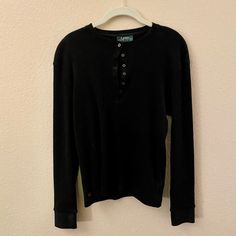 Ralph Lauren Ribbed Pull Over Shirt. New Condition. Never Worn. Casual Black Waffle Knit Top, Classic Black Ribbed Tops, Black Ribbed Cotton Sweater, Ralph Lauren Long Sleeve Winter Tops, Black Waffle Knit Long Sleeve Sweater, Black Long Sleeve Waffle Knit Sweater, Ralph Lauren Casual Long Sleeve Sweater, Ralph Lauren Black Tops For Fall, Ralph Lauren Cotton Winter Tops