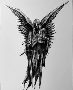 a drawing of an angel holding a cross