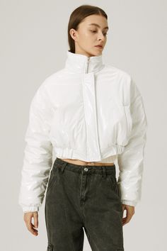 storets.com Haley Coated Puffer Jacket Trendy White Outerwear With Ribbed Cuffs, White Outerwear With Zip Fly For Fall, White Zip Fly Outerwear For Winter, Fall Streetwear Outerwear With Button Zip Fly, Fitted Winter Outerwear With Button Zip Fly, Spring Outerwear With Ribbed Cuffs And Stand Collar, Spring Puffer Cropped Jacket For Streetwear, Spring Streetwear Cropped Puffer Jacket, Spring Cropped Puffer Jacket For Streetwear