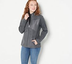 It's faux leather weather! And, this fabulously flattering mixed-media jacket is how we do it! How cool is that? From Belle by Kim Gravel. Winter Leather Jacket For Layering, Winter Leather Jacket For Casual Wear, Trendy Fall Leather Jacket With Faux Pockets, Casual Leather Jacket With Suede Overlays For Winter, Faux Leather Jacket With Faux Pockets For Winter, Winter Faux Leather Jacket With Faux Front Pockets, Spring Workwear Leather Jacket With Suede Overlays, Casual Fall Outerwear With Suede Overlays, Casual Suede Overlay Outerwear For Fall