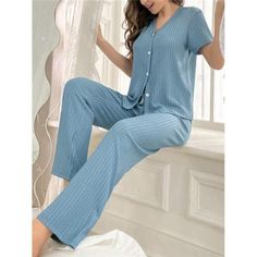 -Item Id 27476855 -Color: Dusty Blue -Style: Casual-Woman -Pattern Type: Plain -Type: Pant Sets -Neckline: V Neck -Details: Button Front -Sleeve Length: Short Sleeve -Sleeve Type: Regular Sleeve -Fit Type: Loose -Waist Line: Natural -Number Of Pieces: 2 Piece Set -Pants & Tops Material: Knitted Fabric -Pants & Tops Composition: 99% Polyester, 1% Elastane -Fabric: Non-Stretch -Care Instructions: Machine Wash, Do Not Dry Clean -Sheer: No **Open To Offers!!!** **Bundle To Save More** **30% Off Bund Blue V-neck Sleepwear Set, Blue V-neck Sleep Set, Comfortable Blue Cotton Set, Blue Sets For Relaxation In Spring, Blue V-neck Pajama Party Sets, Casual Blue Sleep Sets, Blue Relaxed Fit Lounging Sets, Blue Relaxed Fit Loungewear Sets, Blue Relaxed Fit Lounge Sets