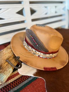 Is anything sweeter than this western inspired felt fedora? The custom hat band is embellished with delicate Czech beads in reds, plums, and gold, a beaded Guinea feather, and is hand burned for a broken-in look. Pair it with a sweater and jeans for chilly-weather boho vibe One size fits most and inside band is adjustable. Colors may appear slightly different in the photo due to variations in screen display and lighting. Rustic Festival Hat Bands For Short Brim Hats, Rustic Adjustable Felt Hat For Festival, Southwestern Style Fall Hats For Country Events, Vintage Fedora Mini Hat For Festivals, Fall Rodeo Hat Band With Feathers, Feather Hat Bands For Western-themed Fall Events, Artisan Adjustable Fedora For Fall, Southwestern Brimmed Hat For Fall, Southwestern Hats For Western-themed Fall Events