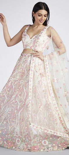 Bridal, Designer, Wedding White and Off White color Lehenga in Net fabric with Flared Embroidered, Sequence, Thread work : 1923868 White Color Lehenga, Wedding Saree Indian, Wedding White, Net Fabric, Designer Wedding, Thread Work, Off White Color, Bridal Lehenga, Saree Wedding