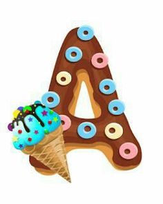 an ice cream cone with sprinkles sits in front of the letter a