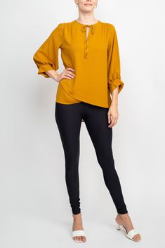 This Joan Vass top features a stylish crew neck tie neckline, along with 3/4 length shirred sleeves and a double layer crepe front panel. The pieces of this elegant ensemble are made with care to ensure comfortable wear throughout your day. Easy Tunic, Short Women Fashion, Boat Neck Dress, Crepe Top, Oversized Tunic, Scoop Neck Dress, Knit Pants, Tie Neck, Blue Sweaters