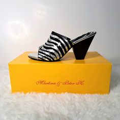 Martina & Peter H Wama Silver Tiger Metallic Leather Sandal Black And Silver Metallic Zebra Stripe Made In Spain Size - 7.5 / 38 New With Box And Shoe Bag Silver Slip-on Mules For Party, Silver Slip-on Party Mules, Silver Leather Mules For Party, Silver Slip-on Evening Heels, Spring Silver Heels With Branded Heel Counter, Designer Silver Heels For Summer, Silver Mules For Summer Parties, Silver Leather Mules For Spring, Silver Mules For Spring Party