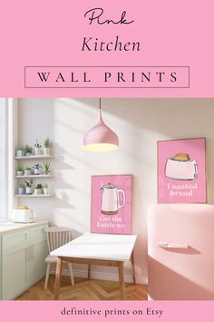 the pink kitchen wall prints are on display