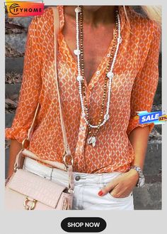 Orange Floral-print Shirt Collar Long Sleeve Geometric Tops Linen Blouse Outfit, Simple Wardrobe, Classic Style Outfits, Half Sleeve Blouse, Floral Print Shirt, Summer Outfit Inspiration, Casual Tops For Women, Floral Print Tops, Women Shirts Blouse