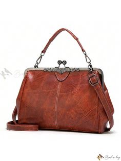 Bird in Bag - Vintage Faux Oil Leather Clip Bag - Elegant Shoulder Bags for Women, Retro-Style Frame Purses, Crossbody Messenger Bag Ideal for Fashion-Conscious Girls - Versatile Small Handbags for Phone, Makeup, and Party Occasions Elegant Satchel With Hasp Closure As Gift, Brown Handheld Evening Bag, Brown Evening Bag With Detachable Strap, Vintage Large Capacity Evening Bags, Vintage Evening Bag With Large Capacity, Chic Brown Satchel For Party, Elegant Brown Satchel For Party, Brown Shoulder Bag With Mobile Phone Holder For Party, Vintage Satchel For Party