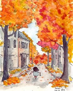 a drawing of a person walking down a street with trees in the fall colors behind them