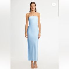 Nwt Esme Strapless Maxi Dress In Ice Blue Blue Midi Dress With Straight Neckline For Brunch, Chic Blue Maxi Dress With Straight Neckline, Blue Strapless Dress With Straight Neckline For Evening, Blue Strapless Midi Dress For Brunch, Elegant Light Blue Strapless Maxi Dress, Light Blue Strapless Dress For Brunch, Blue Maxi Dress With Straight Neckline For Evening, Elegant Light Blue Strapless Dress, Blue Strapless Dress With Straight Neckline For Night Out