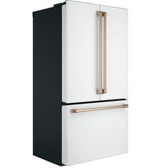 a black and white refrigerator with gold handles