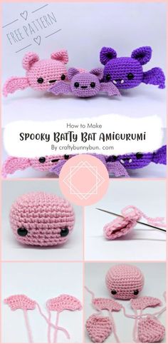 crocheted pink and purple items with text overlay that says, how to make spooky baby bat amigurmi