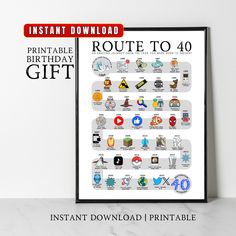 the instant printable route to 40 birthday gift is displayed in front of a white wall