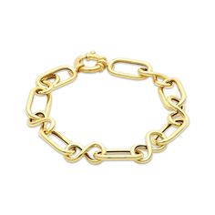 Infinity symbols interlock with open links along this gorgeous bracelet. Crafted in 10K yellow gold Features polished, hollow links Measures 7.5 inches and secures with a lobster clasp Made in Italy Elegant Gold Bracelet With Hook And Links, Infinity Symbol, Gorgeous Bracelet, Link Bracelets, Womens Bracelets, Gold Chains, Lobster Clasp, Jewelry Bracelets, Jewelry Accessories