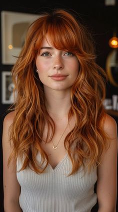 43 Short Shag With Bangs Hairstyles For Every Face Shape Cute Haircuts For Redheads, Long Hair With Bangs Redhead, Womens Haircuts Bangs, Shag Hairstyles With Side Bangs, Shag Haircut With Money Piece, Cool Women Hairstyles, Shag Hairstyle With Curtain Bangs, Fall Red Hair Balayage, 70s Hair For Women