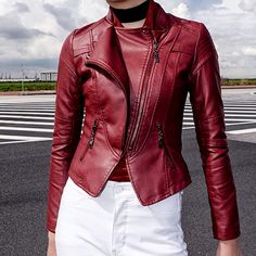 Women's Faux Leather Stand-Up Collar Moto Biker Short Jacket Red Jacket Maroon Color Faux Leather Jacket Material 69.5% Pu,25.5% Polyester,5% Cotton;Fully Lined. Unique Designthe Unique Double-Layer Inclined Zipper Design Fits You Better. Pockets Zippersboth Side Pockets With Zippers At Ease With Portable Storage. Fashional Styleslim Tailoring ,Stripe Stitching, Classic Stand-Up Collar For Daily Life,Working,Shopping,Dating,Etc Clean Tipshand Wash Cold / Hang To Dry / Do Not Dry Clean / Moto Biker Jacket, Leather Stand, Biker Short, Portable Storage, Faux Leather Jacket, Maroon Color, Short Jacket, Faux Leather Jackets, Red Jacket