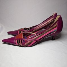 Dolce & Gabbana Women Purple Leather Pointed Toe Italian Shoes Size Us 7 Eu 37.5. This Shoe Is In Excellent Condition. It Features Multiple Colored Leather Straps Along Inter And Outer Sides To Compliment The Purple Base Color Of The Shoe And A Low Stiletto Heel. See Photos For Measurements. Heels Pink, Dolce Gabbana Shoes, Italian Shoes, Pink Heels, Purple Leather, Colored Leather, The Purple, Pink Leather, Stiletto Heel