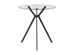 a glass table with black metal legs and a round glass top on an isolated white background