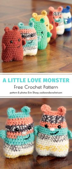 the little love monster crochet pattern is shown in three different colors and sizes