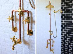 two pictures of the same shower head and faucet in different positions, one is gold