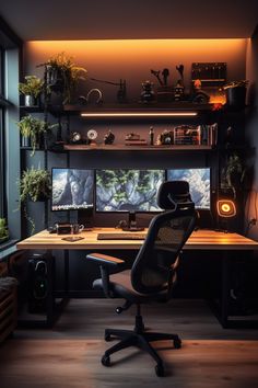 a desk with a chair and computer on it in front of a window that is lit up