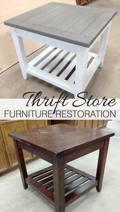 an old coffee table turned into a end table with wood slats on the top and bottom