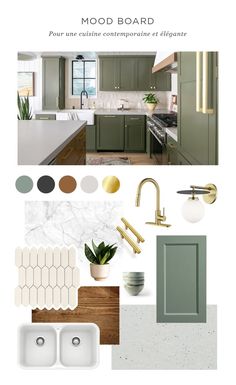 the mood board is shown with green cabinets and white counter tops