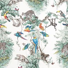 an animal themed wallpaper with many different types of animals and birds in the jungle