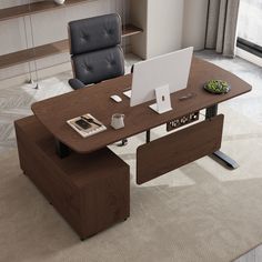 an office desk with a laptop on it