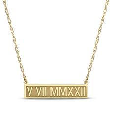 This chic Roman numeral bar necklace is perfect for commemorating a special day. Crafted in 14K yellow gold, the bar pendant features a high polish finish and is customized with a date of your choosing. The pendant suspends from an 18-inch rope chain that secures with a spring ring clasp. Classic Gold Nameplate Bar Necklace, Customizable Gold Bar Necklace For Anniversary, Classic Gold Engraved Bar Necklace, Classic Gold Bar Necklace Engraved, Classic Yellow Gold Bar Necklace For Anniversary, Customizable Gold Nameplate Bar Necklace, Roman Numeral, Bar Pendant, Accessories Jewelry Necklace