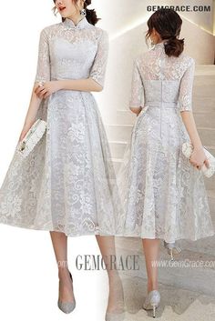 10% off now|Free shipping world-wide. Elegant Grey Lace Tea Length Party Dress With Half Sleeves Collar at GemGrace. Click to learn our pro custom-made service for wedding dress, formal dress. View #WeddingGuestDresses for more ideas. Elegant Half Sleeve Midi Dress For Wedding, Elegant Half Sleeve Midi Wedding Dress, Elegant Gray Lace Dress, Elegant Half Sleeve Lace Dress For Spring, Spring Banquet Short Sleeve Lace Dress, Half Sleeve Lace Dress For Spring Party, Silver Lace Dress For Spring, Summer Wedding Midi Dress With Half Sleeves, Best Wedding Guest Dresses