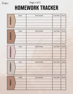 a printable homework tracker is shown with the words homework tracker written in black and white