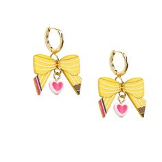 PRICES MAY VARY. Pencil Bow Hoop Earrings:With a distinctive design that combines a bright yellow bow with a preppy pencil and a small pink love heart underneath,this earrings is absolutely vibrant and an indispensable preppy accessory for your first day of school. Leopard Pencil Heart Dangle Earrings:This earring is unique in shape and contains a variety of elements.The combination of leopard print pencil love makes this earring a fashionable and unique back-to-school earring. Wearing this earr School Earrings, Preppy Accessories, Pink Love Heart, Teacher Earrings, Trendy Bows, Yellow Bow, Heart Dangle Earrings, Bow Earrings, Pink Love