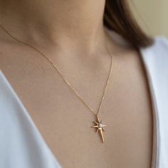 14k Solid Gold Pole Star Necklace, North Star Necklace, Real Gold Star Necklace, Birthday Gift, Anniversary Gift, Gift For Girlfriend *Free Express International Shipping *Free returns within 14 days from the order date. *14K solid gold chain is included. NEXT BUSINESS DAY SHIPPING! PRODUCT DETAILS *The product is made of 100% 14k Solid Gold and it has a 14K or 585 stamp on item. (We don't sell filled or plated jewelry) *The package includes a gold certificate. *The product includes 14K solid go Delicate 14k Gold Star Necklace, Elegant Starburst Jewelry As Gift, Elegant Starburst Necklaces For Gifts, Elegant Starburst Jewelry Gift, Yellow Gold Star Charm Necklace For Anniversary, Gold Star-shaped Birthstone Necklace, Gold Star Necklace With Birthstone, Elegant Personalized Star-shaped Necklaces, Elegant Star Shaped Personalized Necklace